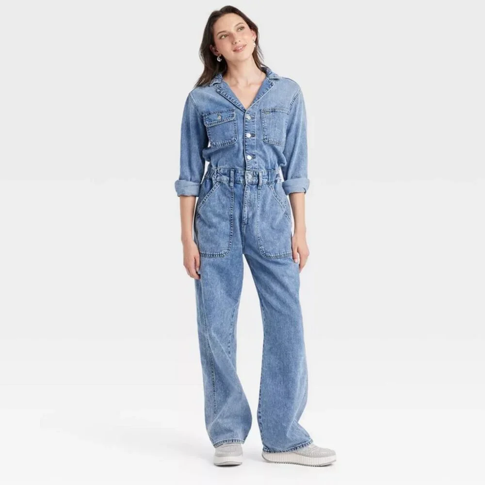 Women's Long Sleeve Utility Baggy Denim Jumpsuit 8 - Picture 2 of 3